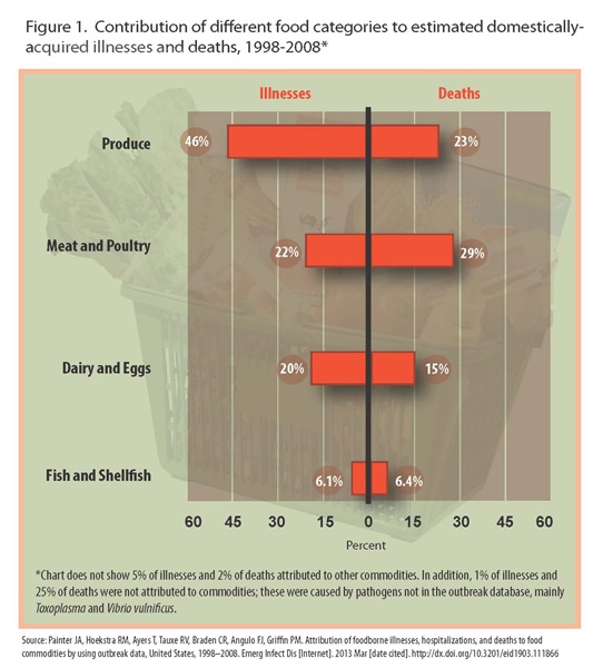 Produce illnesses 46%, deaths 23%, Meat and Poultry illnesses 22%, deaths 29%, dairy and eggs illnesses 20%, deaths 15%, fish and shellfish illnesses 6.1%, deaths 6.4%