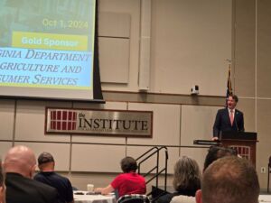 Governor Youngkin speaking at the podium during 2024 Indoor Ag Con East in Danville, VA. 